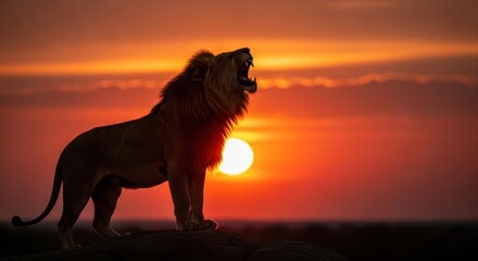 A majestic lion roars against a vibrant sunset, its silhouette outlined by the warm, golden light.