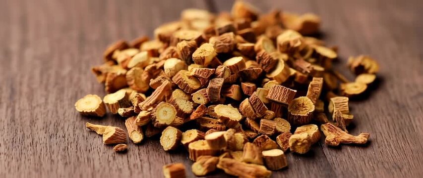 Unprocessed licorice root pieces in natural light on wood background in slow motion
