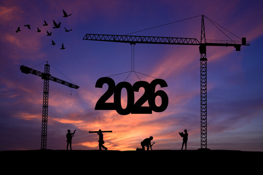 Silhouette of construction crane lifting number 5 to change year 2025 into 2026 at sunset sky, symbolizing new year celebration, future vision, progress, opportunity, business growth, positive change.