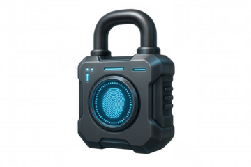 Padlock showing a glowing fingerprint scan, depicting cyber security, biometric access control and digital data protection concept