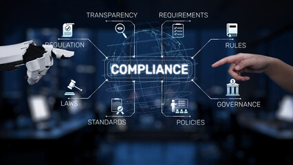 This image illustrates the concept of compliance in business, featuring a robotic hand and a human hand, symbolizing the interaction between laws and governance in a digital age. Synapse