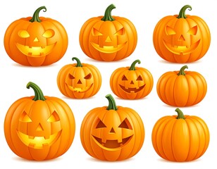 Halloween jack-o'-lantern pumpkins in various expressions