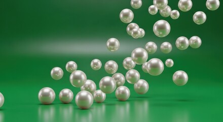 Numerous lustrous pearls cascade and scatter across a vibrant green surface, creating an elegant composition.