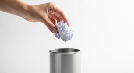 A hand dropping a crumpled piece of paper into a small, metallic trash can.