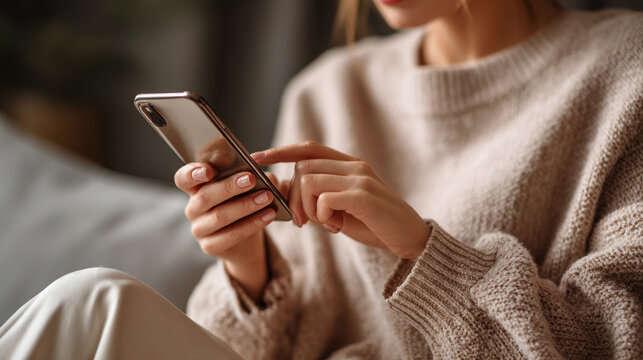 Girl’s hand using smartphone at home for online education, texting, shopping, or browsing apps. Modern lifestyle and mobile technology concept for digital learning and connectivity. - Powered by Adobe