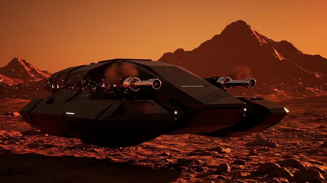 Futuristic Hovercraft Displaying Advanced Weaponry on a Barren Planetscape Providing an Engaging Sci-Fi Visual Depiction of Space Warfare Capabilities