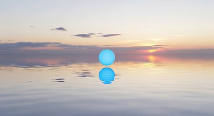 A single glowing orb floats above a reflective water surface at sunset