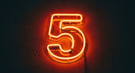 A glowing neon sign displaying the number five against a dark textured wall.