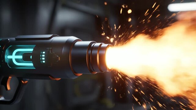 Futuristic Weapon Firing with Intense Energy Blast and Sparkling Debris Simulation, Captivating Gun Impact Animation and High-Tech Visualization for