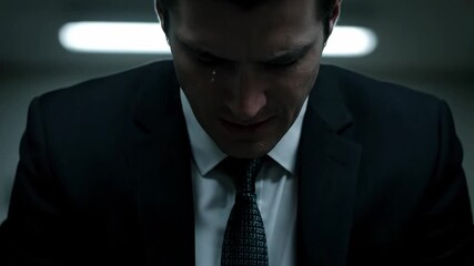 Businessman in Deep Shame and Guilt - A businessman in a dark suit is shown with tears in his eyes, expressing deep shame and guilt. - Powered by Adobe