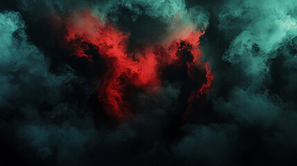 Horror-themed dark background with green, red, and blue clouds, grunge smoke texture, and black haunted atmosphere. Perfect for thriller, mystery, or movie poster design.