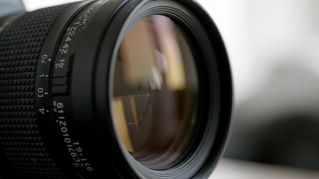 Close-Up of Camera Lens - A detailed close-up of a camera lens showcases its intricate design and reflective surfaces.