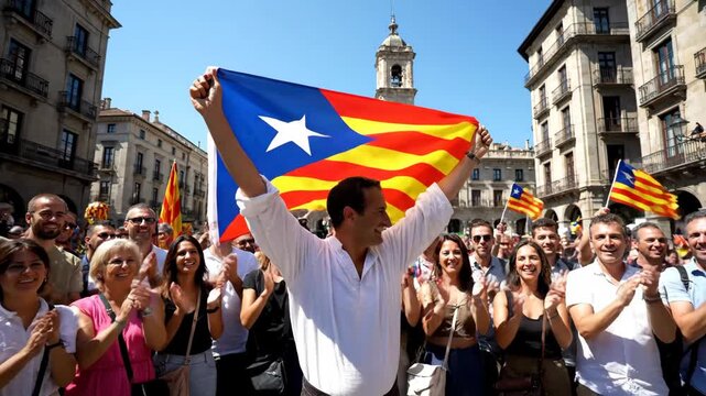 Catalan Pride: Estelada Flag Raised at a Public Event - A man raises the Estelada flag, a symbol of Catalan identity and independence, amidst a crowd of cheering people.