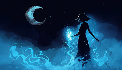 figura femminile avvolta da un'aura magica in una notte di falce di luna, female figure shrouded in a magical aura on a crescent moon night