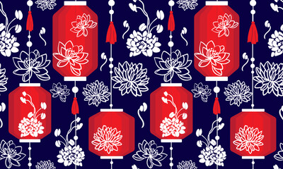 seamless pattern traditional red chinese lanterns and white contour blooming flowers oriental folk art motif dark blue background © pani_Nadichka