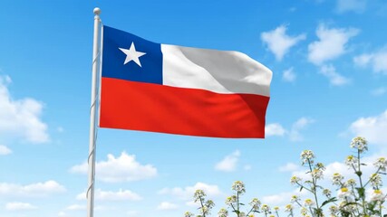 Chilean Flag Waving Under Blue Sky - The flag of Chile flutters gracefully against a vibrant blue sky dotted with fluffy white clouds.