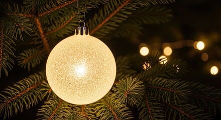 Sparkling Christmas Ornament Glows on Fir Tree Branch Festive Holiday Decoration