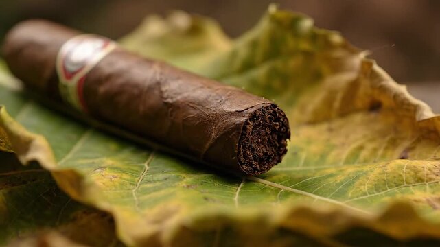 Cigar resting on leaf - A cigar rests on top of a large partially dried green leaf, with visible veins. The video highlights the rich brown color of the cigar and the natural textures.