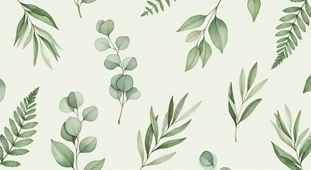 Seamless Botanical Pattern of Green Leaves and Ferns