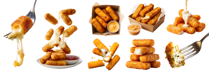 Set of crispy golden brown mozzarella cheese sticks, fried with cheesy melting, takeaway carton box, fork, with ranch mustard sauce dip, fly stack broken bitten pieces, transparent cutout PNG. Mockup	