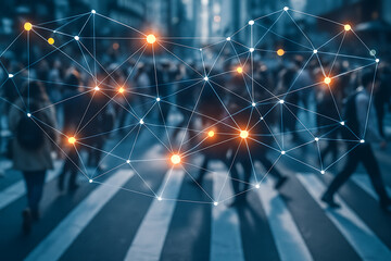 Futuristic digital network above urban crowd representing online connectivity social communication technology and modern data connections