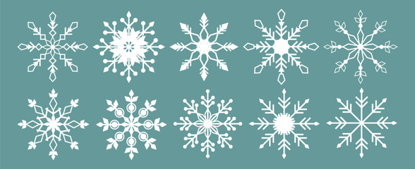 Snowflake vector set on whinter background. Winter frost symbols, decorative Christmas icons, isolated collection.