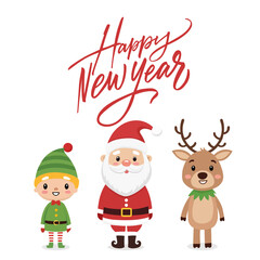 Square Happy New Year card with cartoon New Year characters on a white background. Vector EPS10
