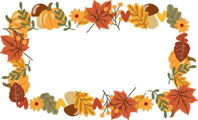 Autumn leaves rectangular frame. Square border of hand-doodles, autumn leaves, pumpkin, flowers. arranged in a circle for stickers, banners, cards, announcements. Vector flat isolated on white backgro