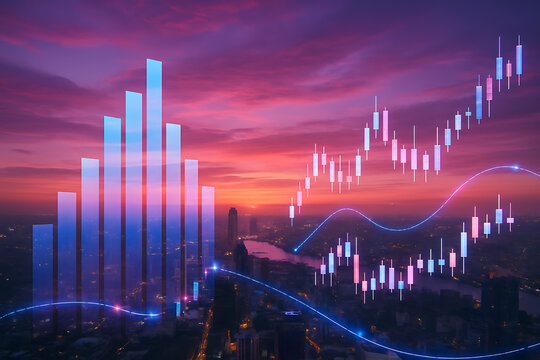 Futuristic digital chart with glowing candlestick patterns and bar graph overlay on city skyline at sunset representing stock market