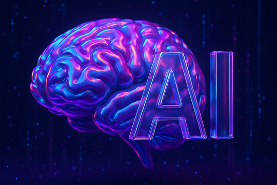 Futuristic digital brain illustration with glowing neon colors and AI text representing artificial intelligence technology innovation concept