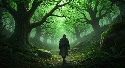 A lone traveler walks through a mystical enchanted forest
