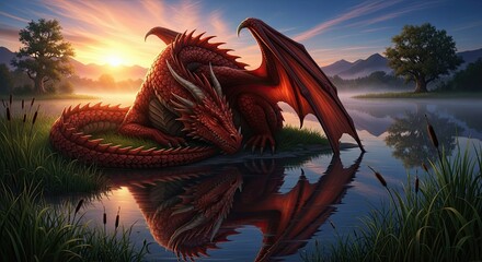 Serene Dragon Rests by Misty Lake at Dawn