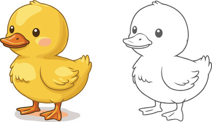 Adorable Little Yellow Duckling Cartoon Character, Full Color and Black Outline Drawing, Cute Baby Bird Vector Illustration for Kids

