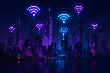 Glowing night skyline of smart connected city with neon buildings and WiFi network signals representing connectivity communication and data