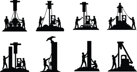 Pile driving, foundation construction, silhouette workers, heavy machinery, manual labor, civil engineering, ground support, industrial process, construction site, equipment operation