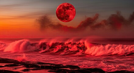 Crimson Moon Rises Over Dramatic Ocean Waves at Sunset