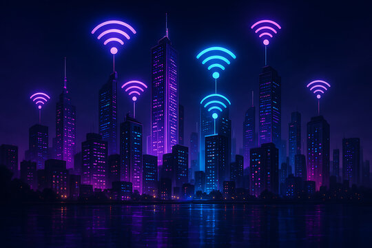 Glowing night skyline of smart connected city with neon buildings and WiFi network signals representing connectivity communication and data