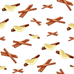 Christmas baking  seamless pattern with lemon and cinnamon sticks . Cozy winter wallpaper. Watercolor illustration for wrapping paper, wallpaper, package design. 