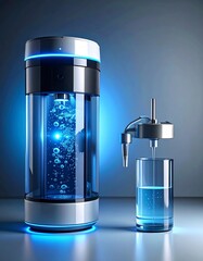 Futuristic water dispenser with clear cylinder and blue lighting