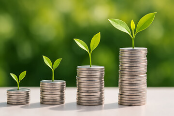 Green plants growing from stacked coins symbolizing sustainable financial investment wealth growth prosperity and smart economic planning