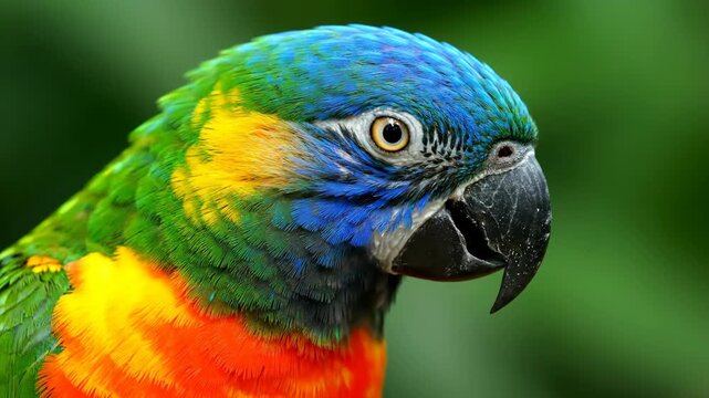 Close-up of a Colorful Parrot's Head - A close-up shot of a vibrant parrot showcasing its beautiful plumage. The bird's feathers are a stunning mix of blues, greens, yellows, and reds.