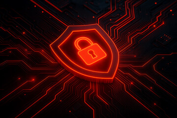High technology concept of cybersecurity showing illuminated red lock shield on motherboard background ensuring digital information safety