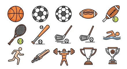 Collection of various sports equipment and icons for active lifestyle and competition