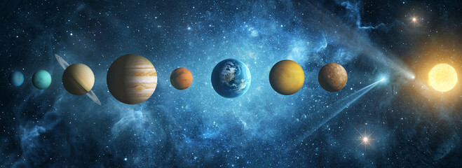 Solar system- Sun, Mercury, Venus, planet Earth, Mars, Jupiter, Saturn, Uranus, Neptune.. Space panorama of the universe. Elements of this image furnished by NASA