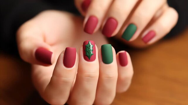 Close up of manicured hands showcasing red and green matte nail polish design with a festive, generic themed leaf pattern on wood table.