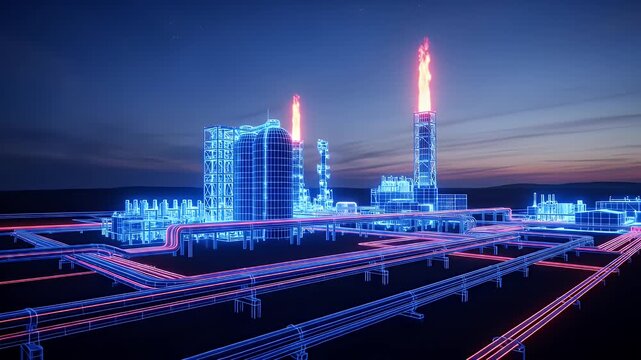 Digital Oil Refinery Animation with Burning Gas Flaring at Sunset