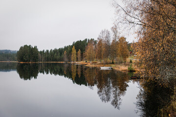 Autumn Lake Shoreline with Boat in Rural Sweden