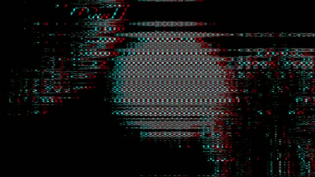 Glitchy digital distortion with red and cyan pixel noise on black background. Perfect for cyberpunk visuals, music videos, or tech-themed motion graphics.