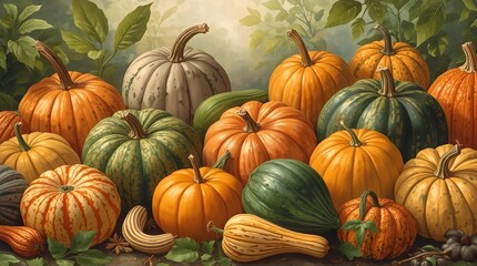 Un arreglo de calabazas de diferentes colores (naranja, verde, blanco) en un campo o jard&iacute;n.