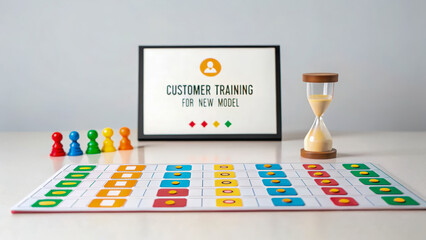 Customer training board game tokens icon timer workshop concept focus learning retention playful setup